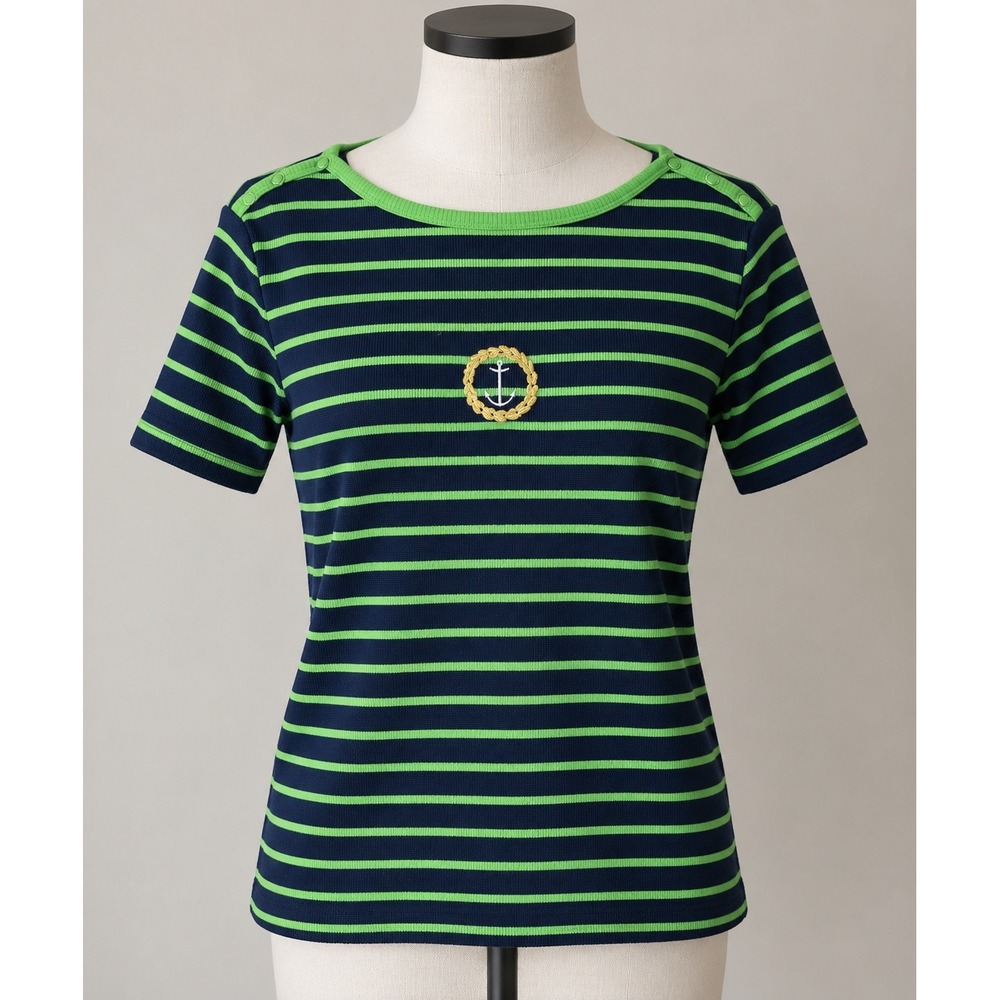 Sag Harbor Sport Navy Lime Green Striped Anchor Nautical Knit Top Large S33802